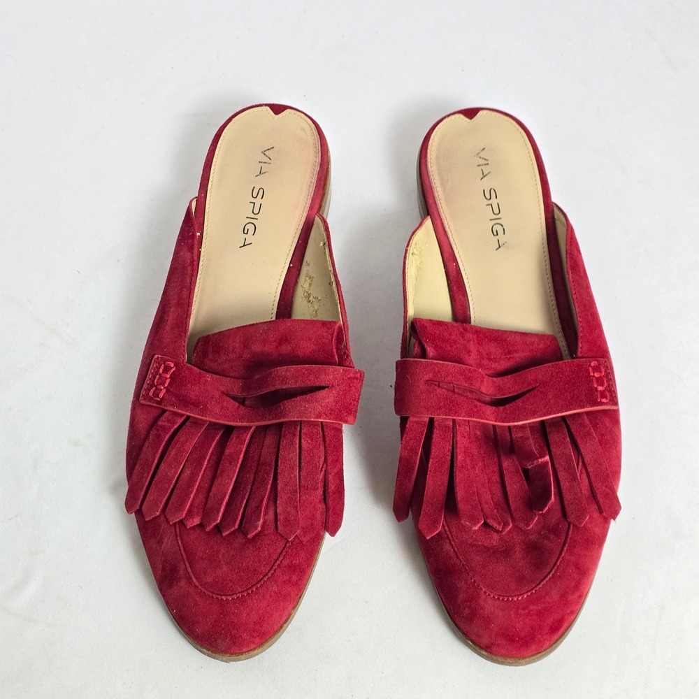 Via Spiga Red Suede Kiltie Fringe Mule Loafers Womens 9M Flat Slip On Shoes